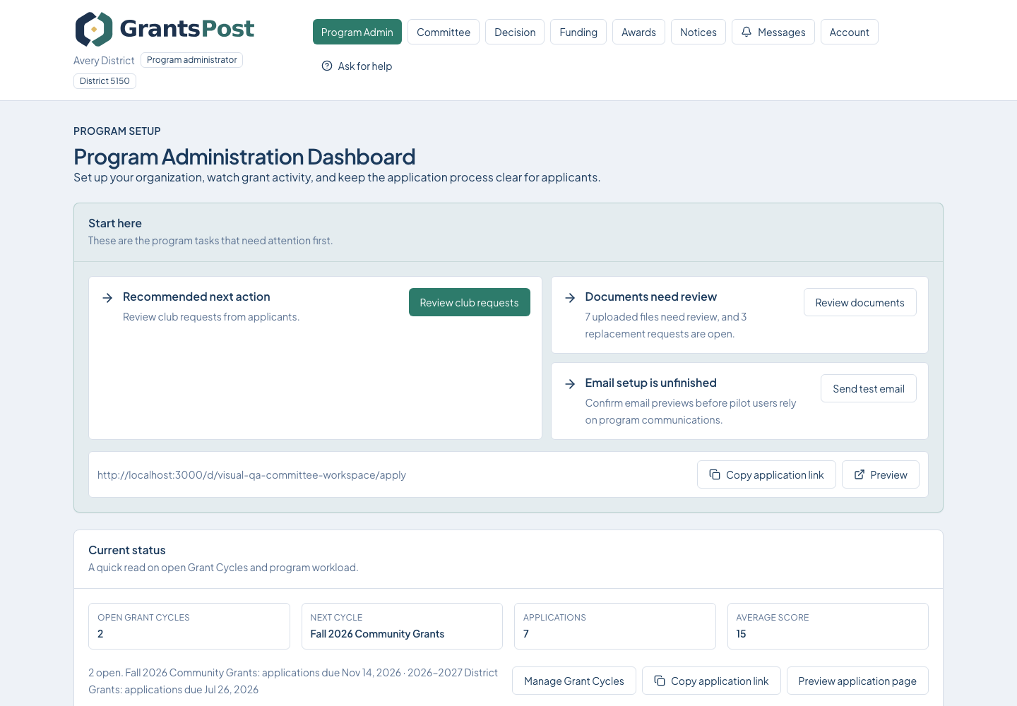 GrantsPost screen for Use the administration dashboard
