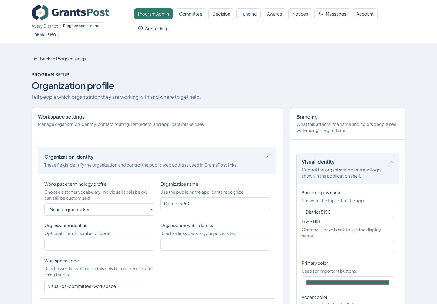 GrantsPost screen for Set the district or foundation profile