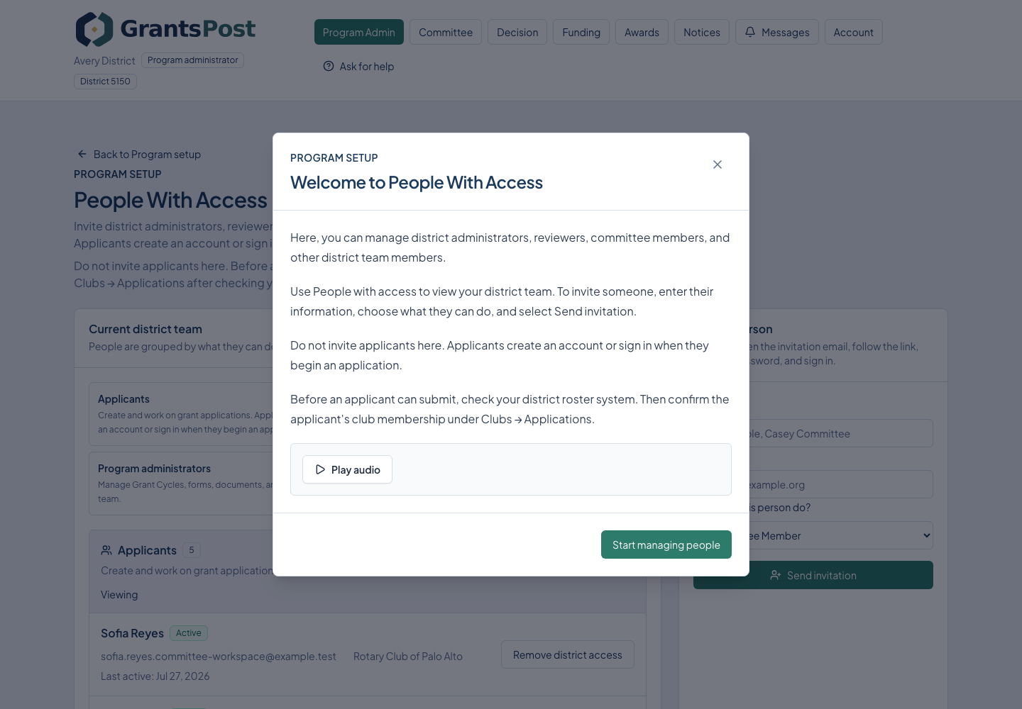 GrantsPost screen for Invite people and assign access