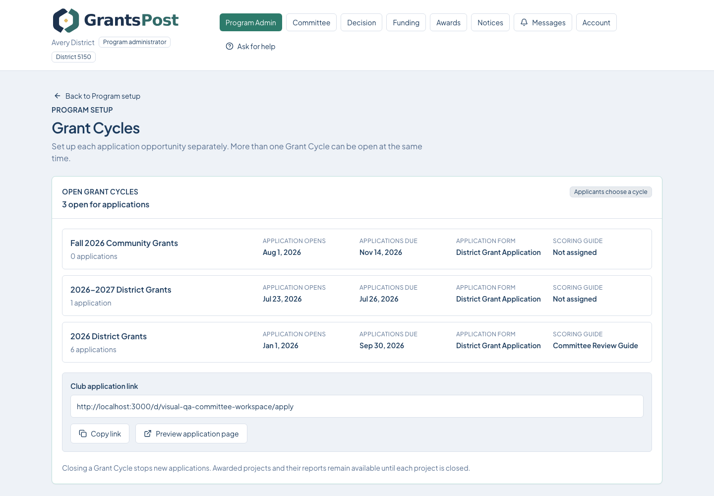 GrantsPost screen for Create and manage Grant Cycles