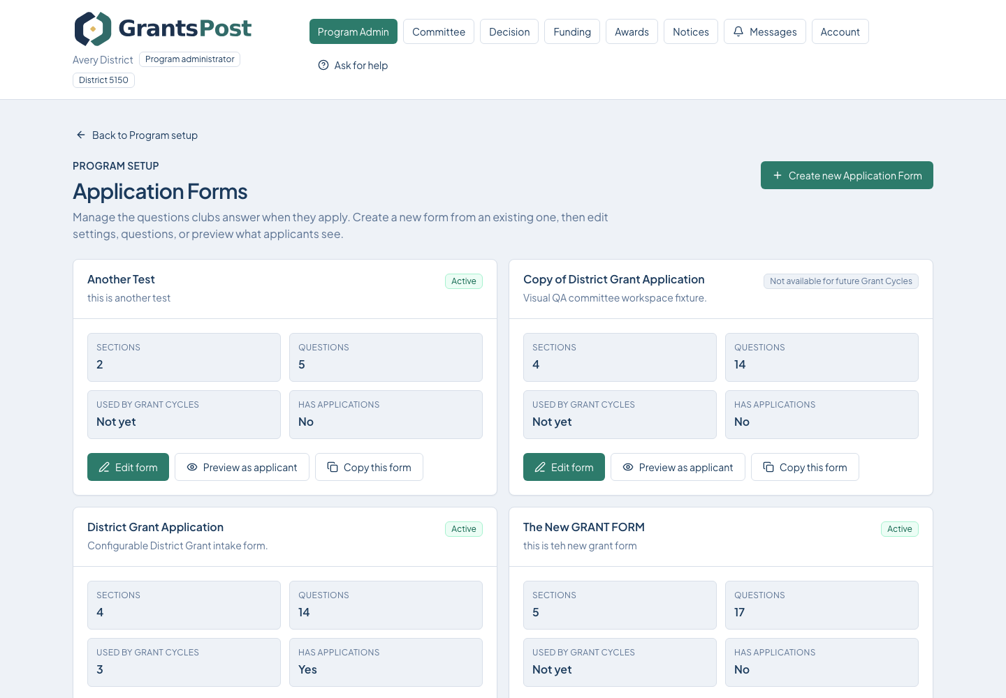 GrantsPost screen for Build the application form