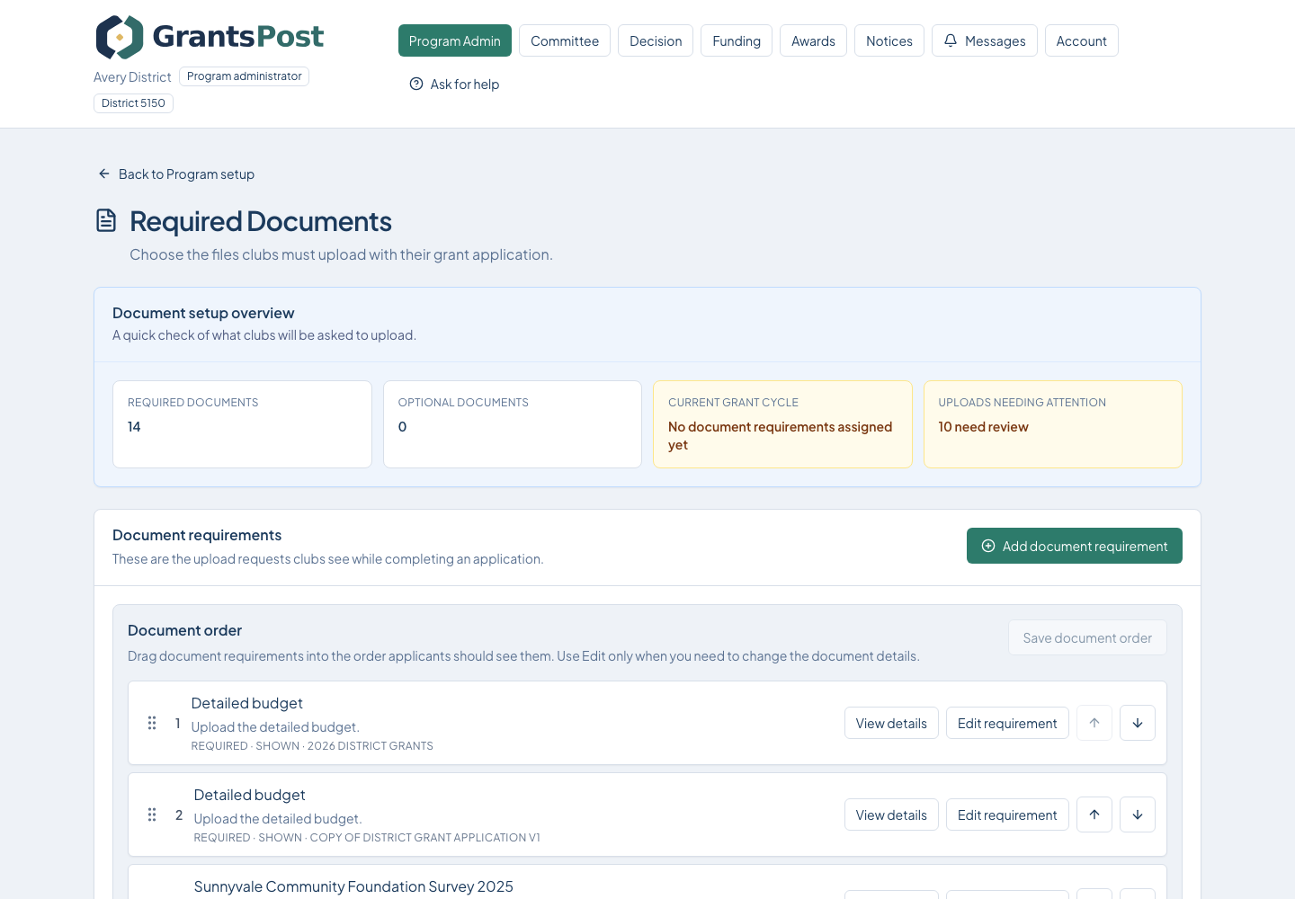 GrantsPost screen for Define required documents