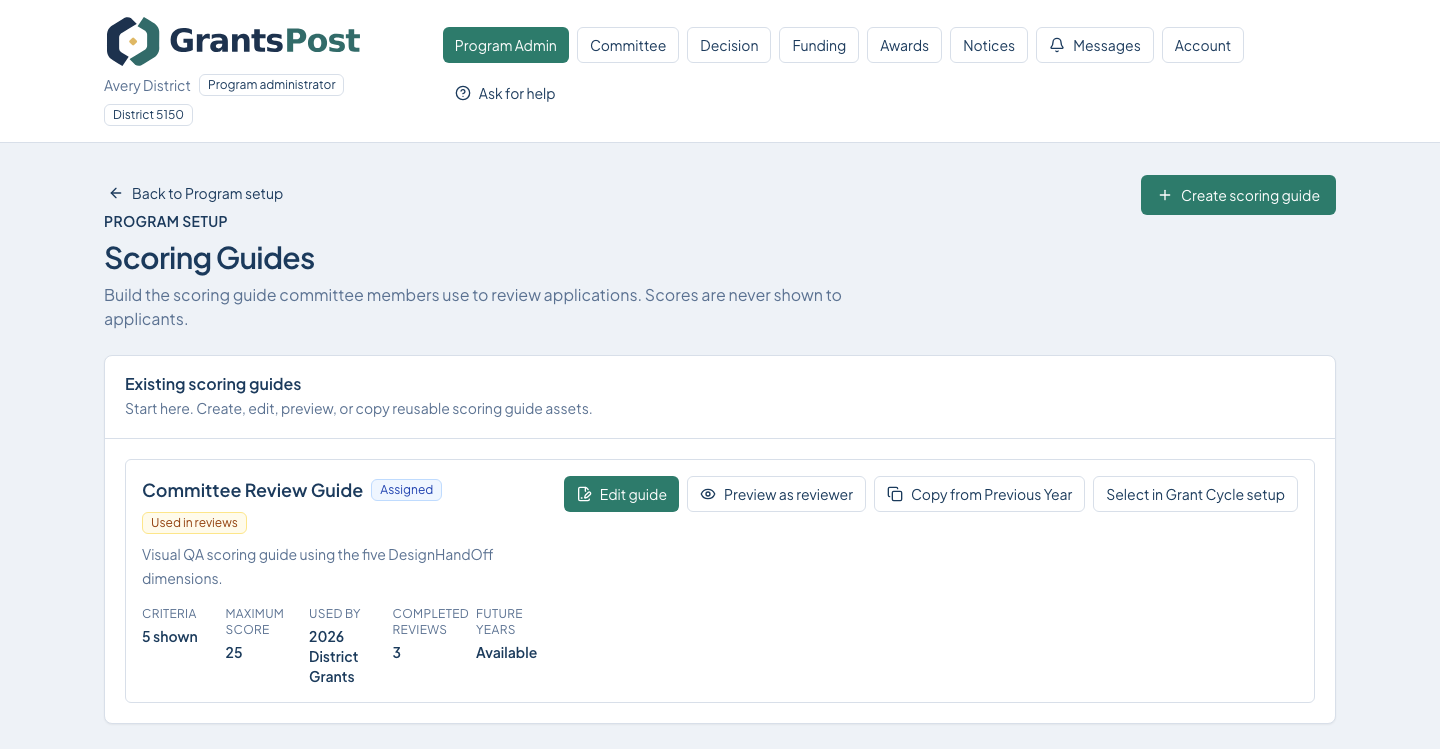 GrantsPost screen for Configure scoring guides