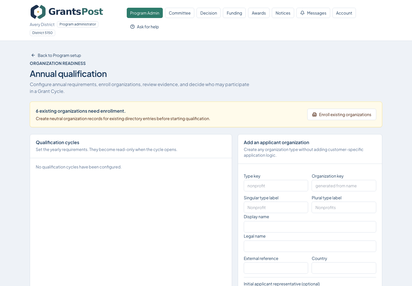 GrantsPost screen for Configure annual qualification