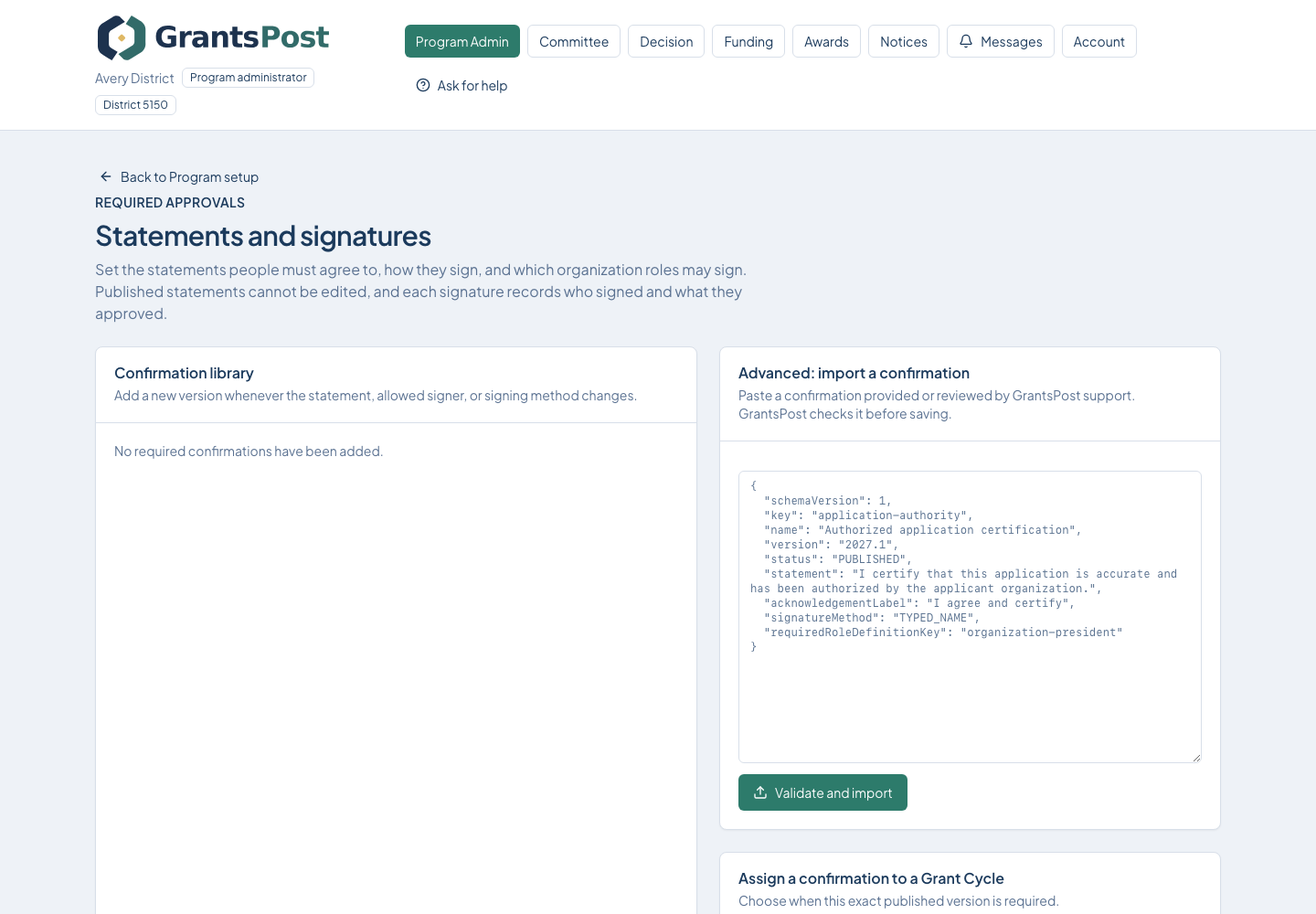 GrantsPost screen for Publish confirmations and signatures
