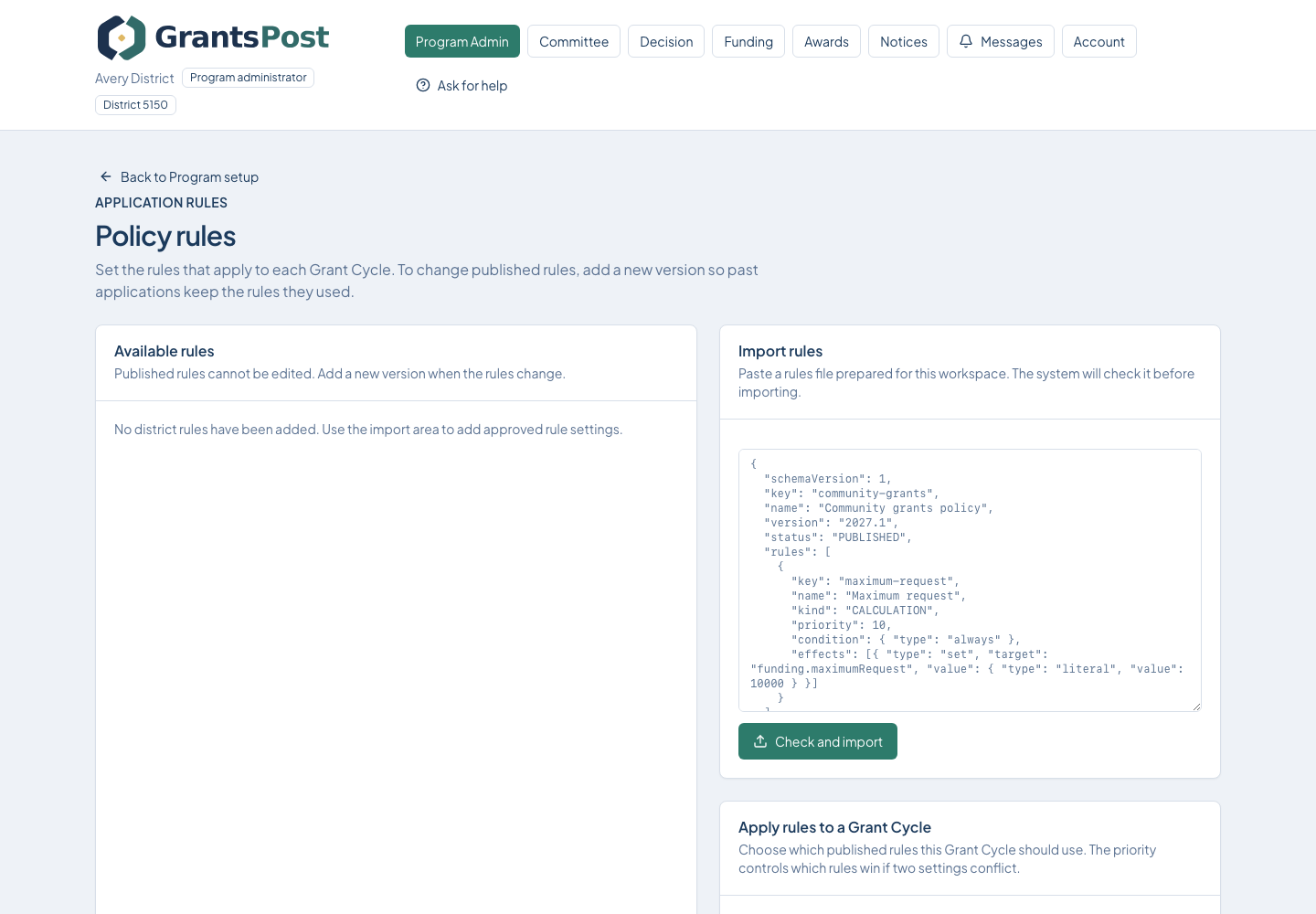 GrantsPost screen for Apply policy rules