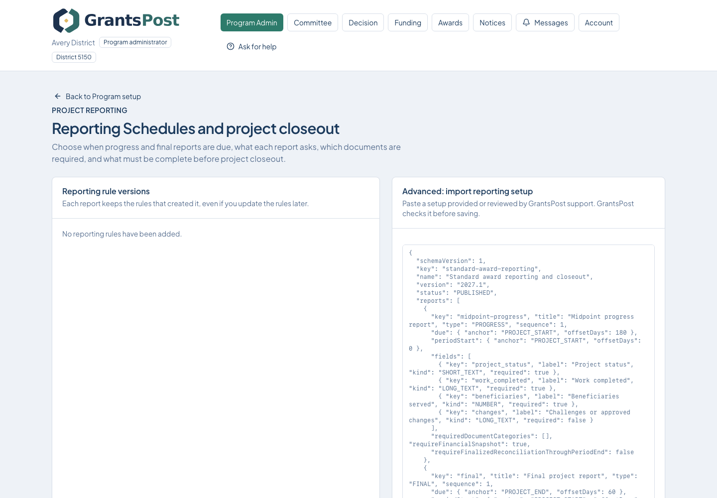 GrantsPost screen for Prepare reporting and closeout