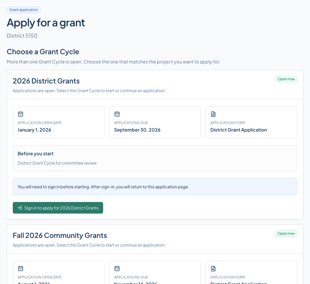 GrantsPost screen for Open the public application page