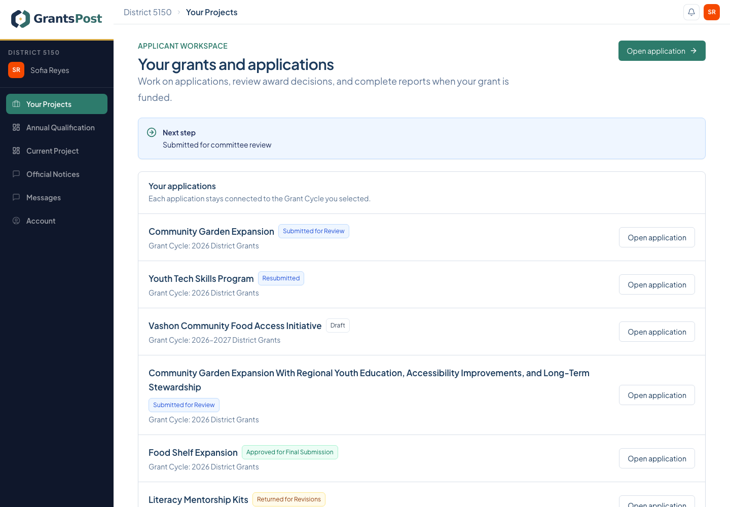 GrantsPost screen for Use Your Projects as the home page
