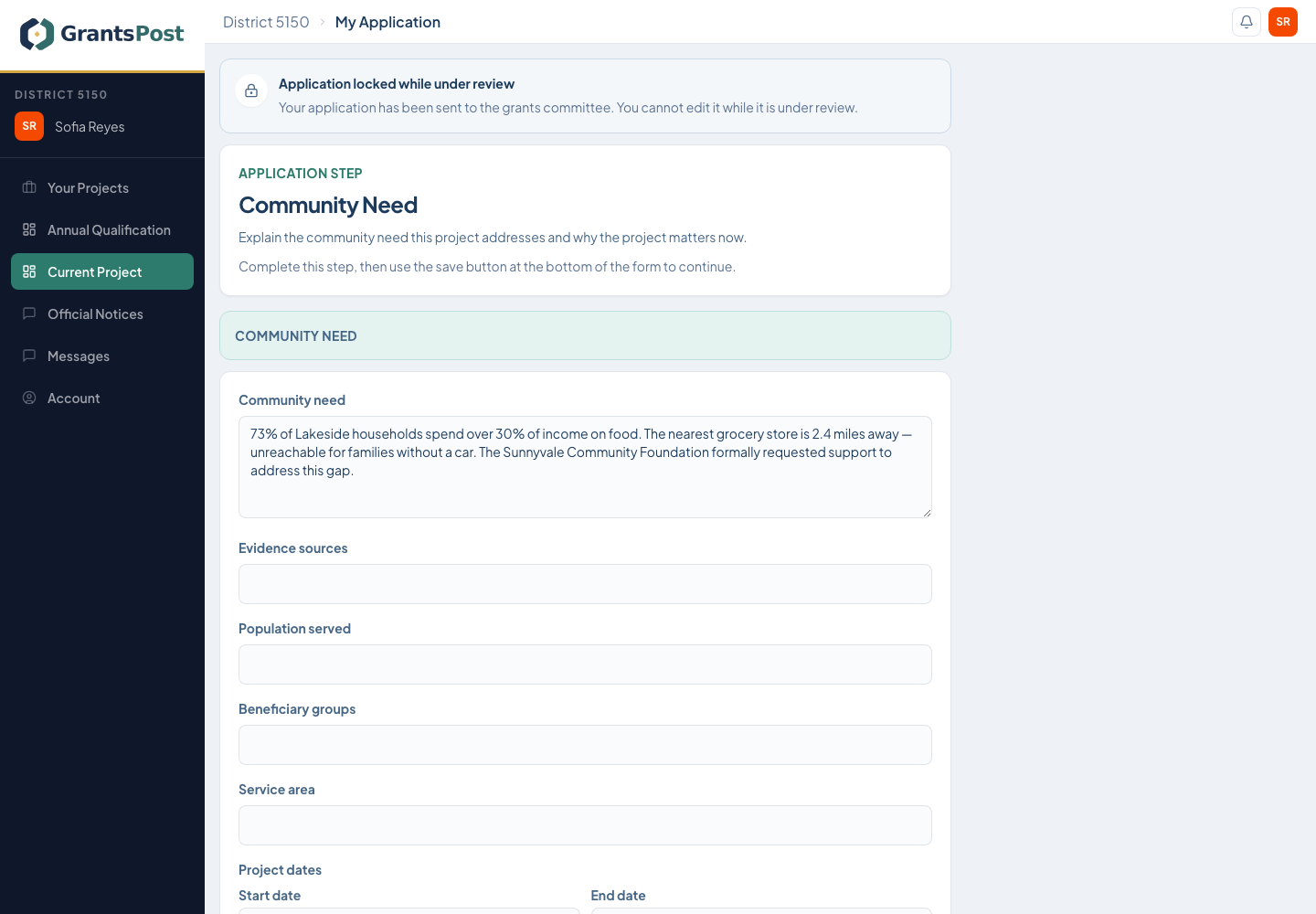 GrantsPost screen for Explain the community need