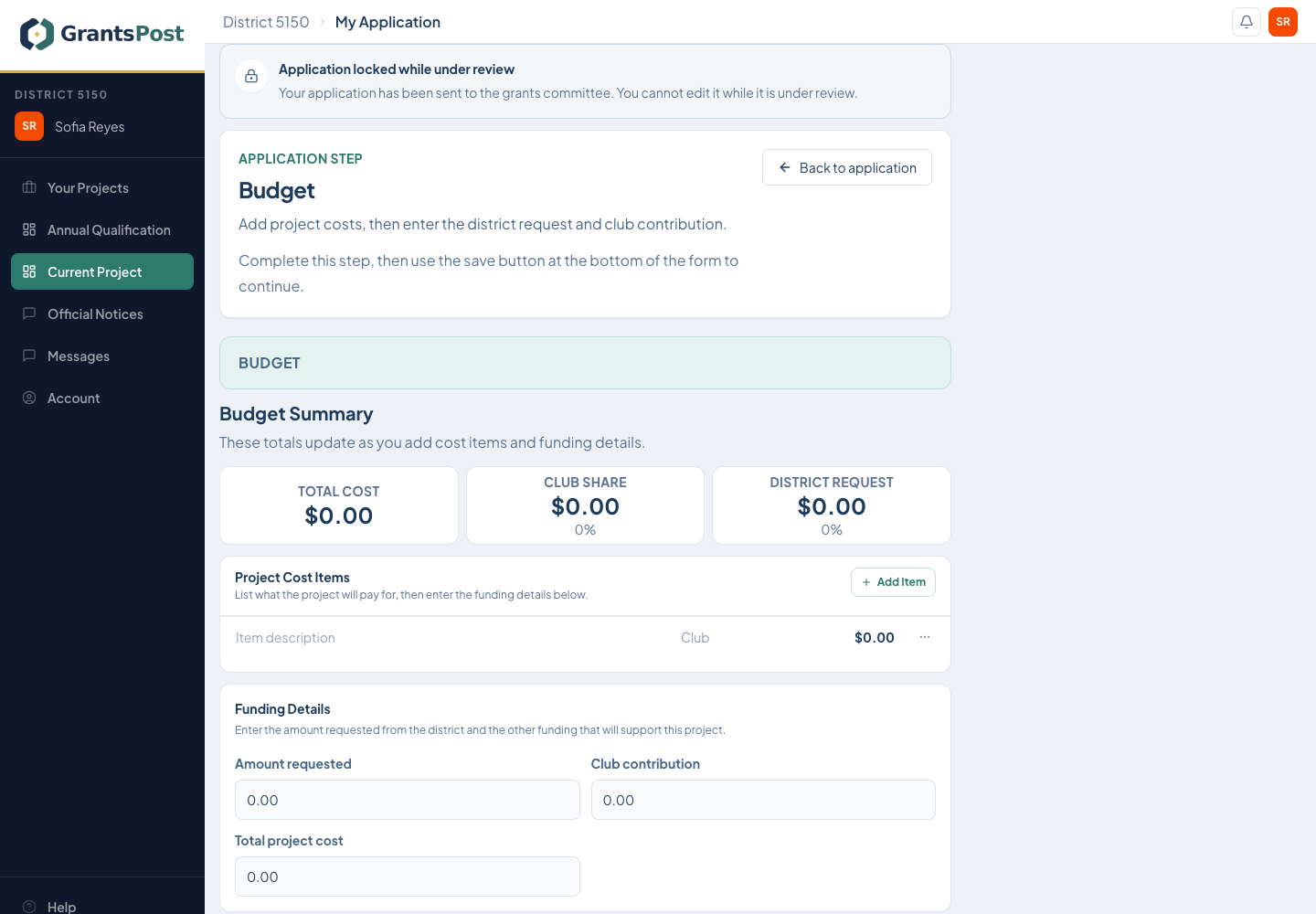 GrantsPost screen for Build a balanced budget
