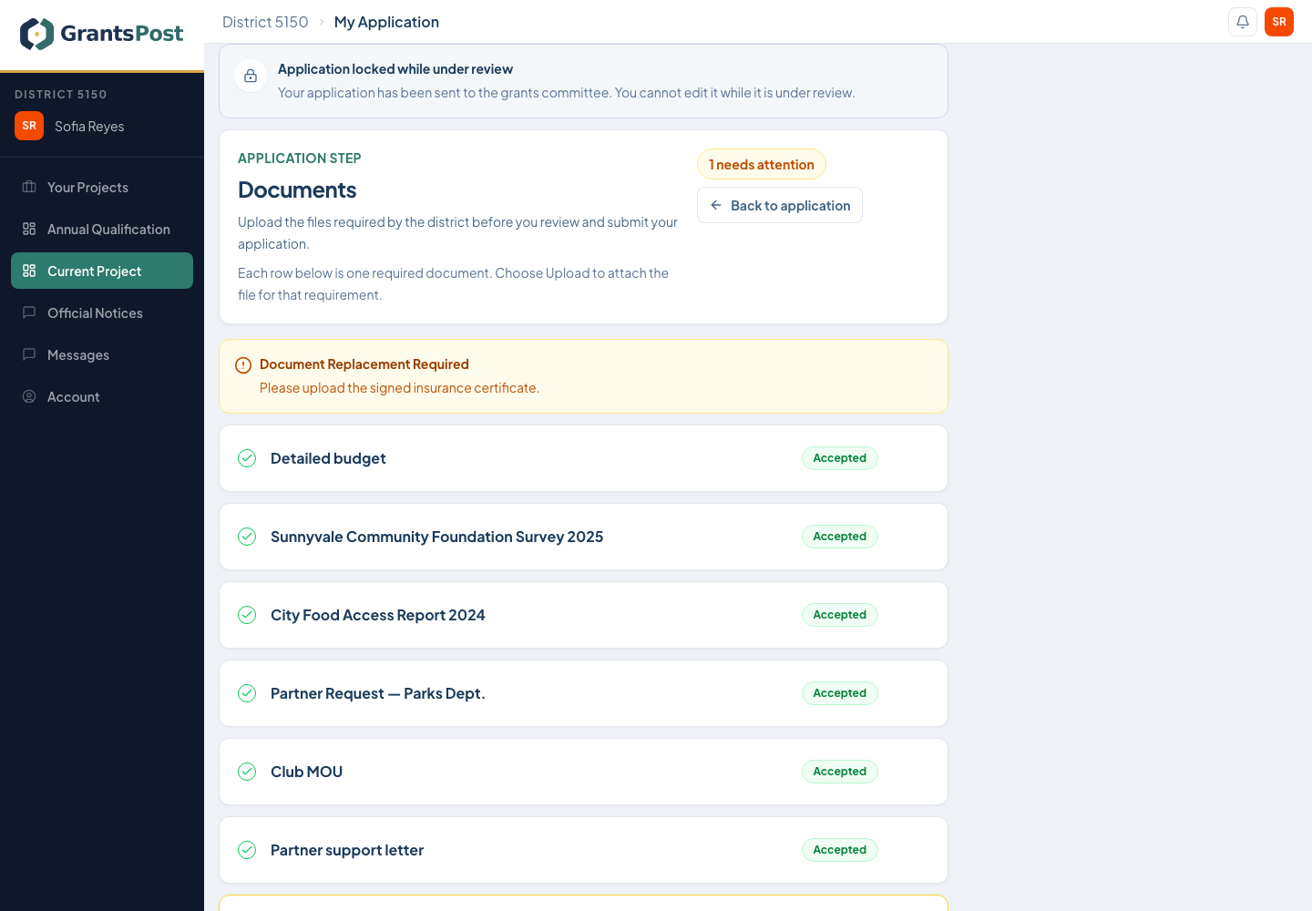 GrantsPost screen for Upload documents