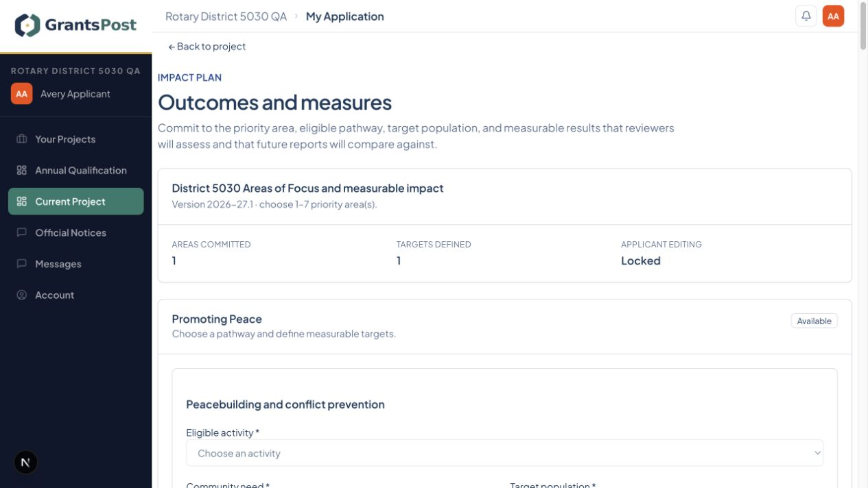 GrantsPost screen for Set outcomes and measures