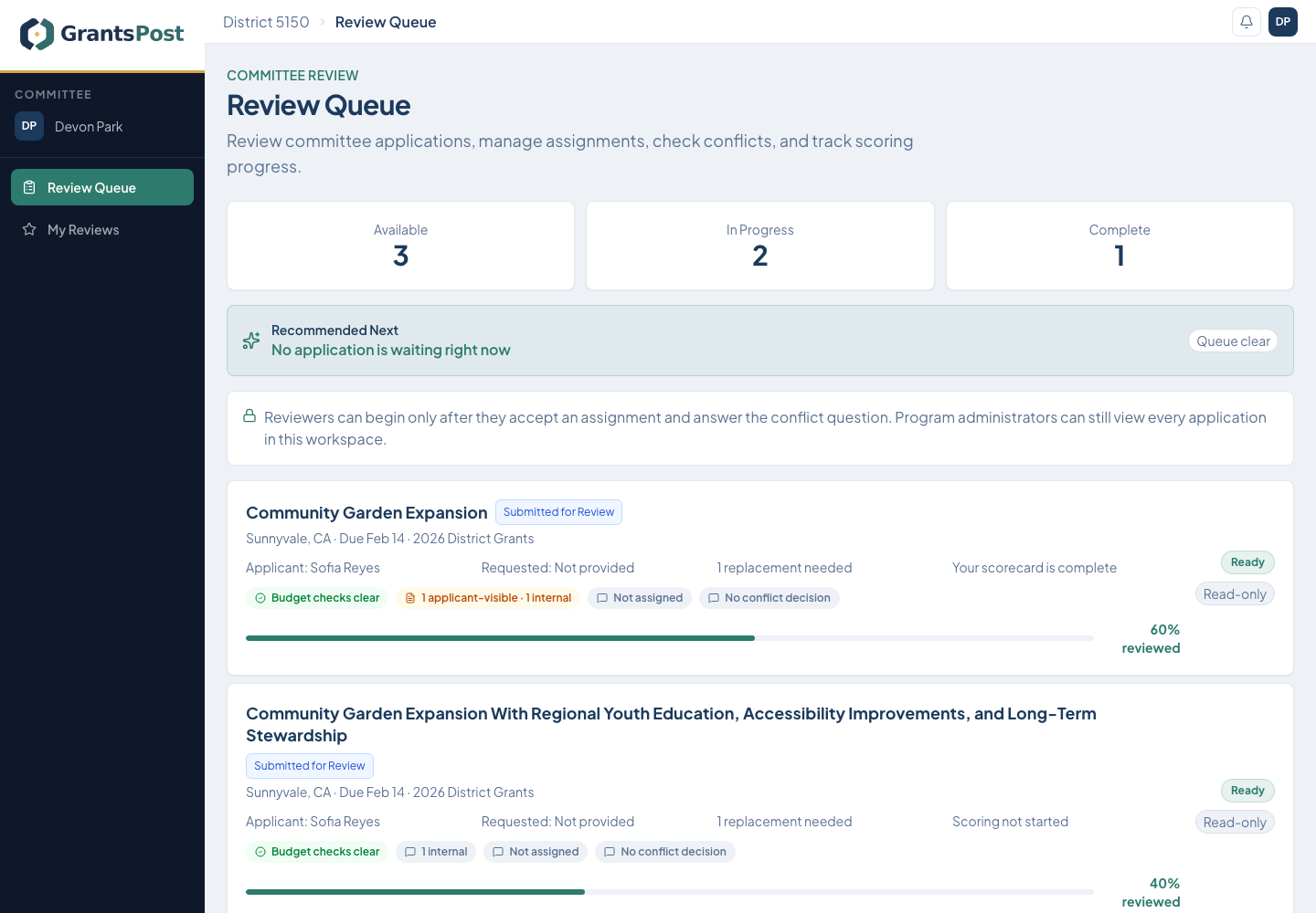 GrantsPost screen for Use the committee review queue