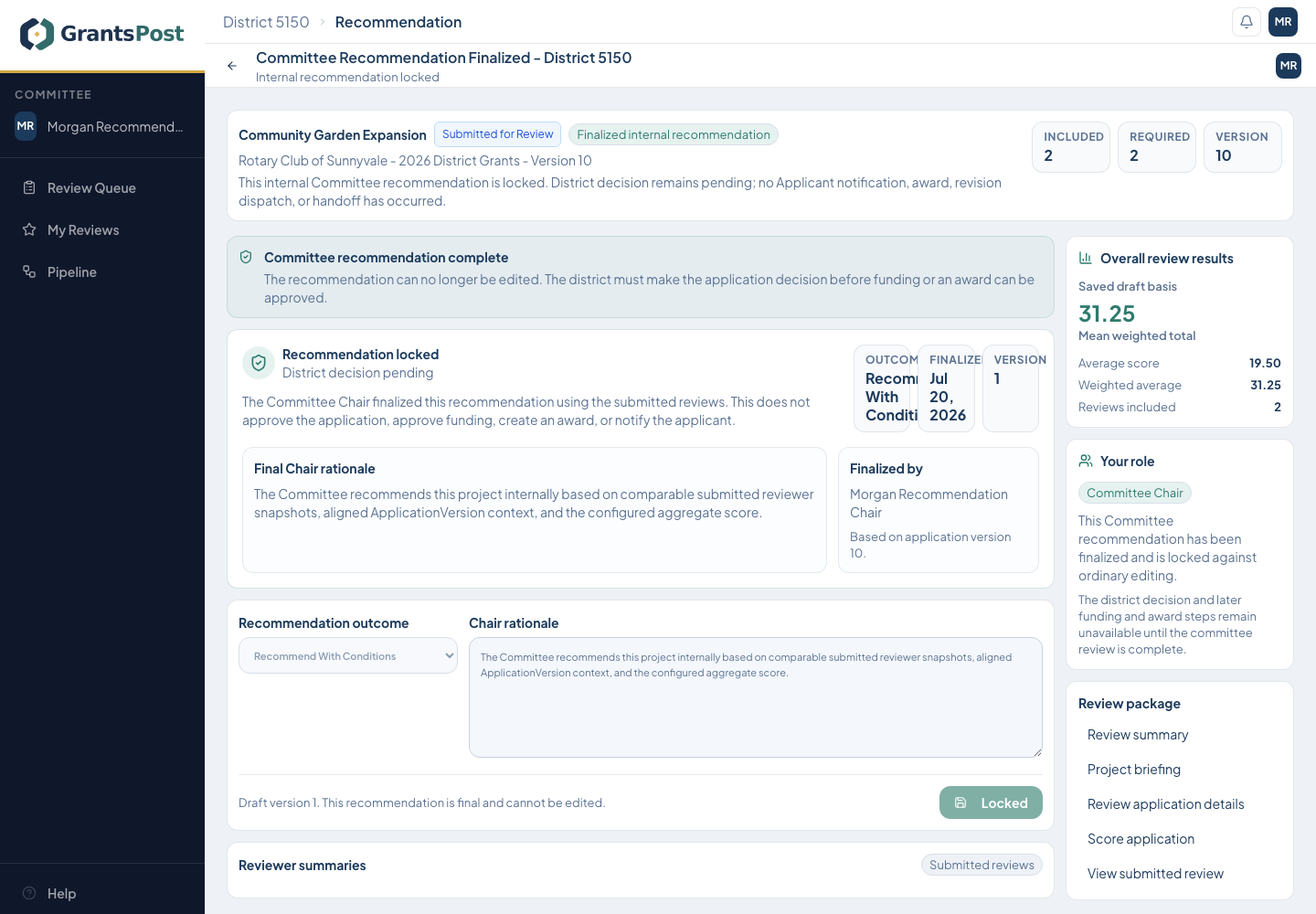 GrantsPost screen for Finalize the recommendation