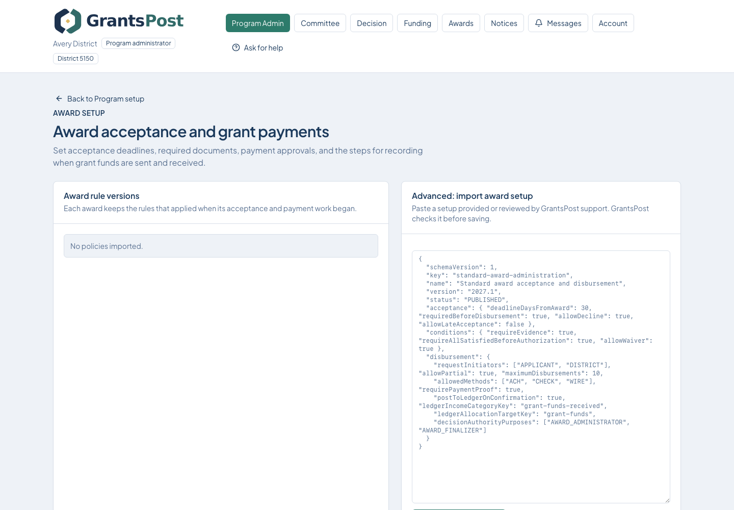 GrantsPost screen for Manage award acceptance and grant payments