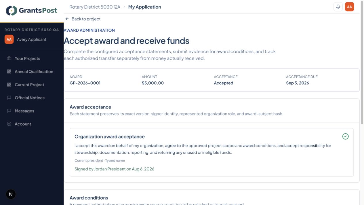 GrantsPost screen for Accept the award and confirm receipt