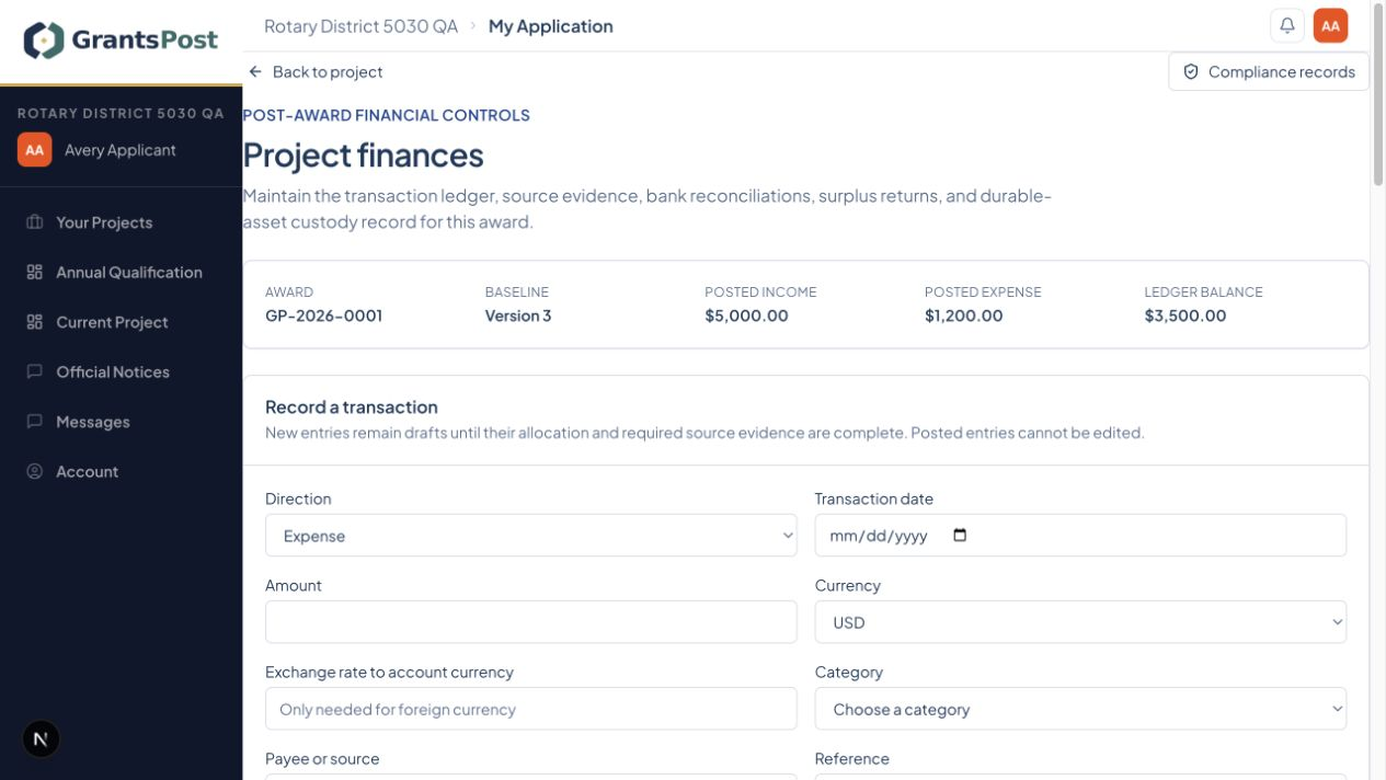 GrantsPost screen for Maintain project finances