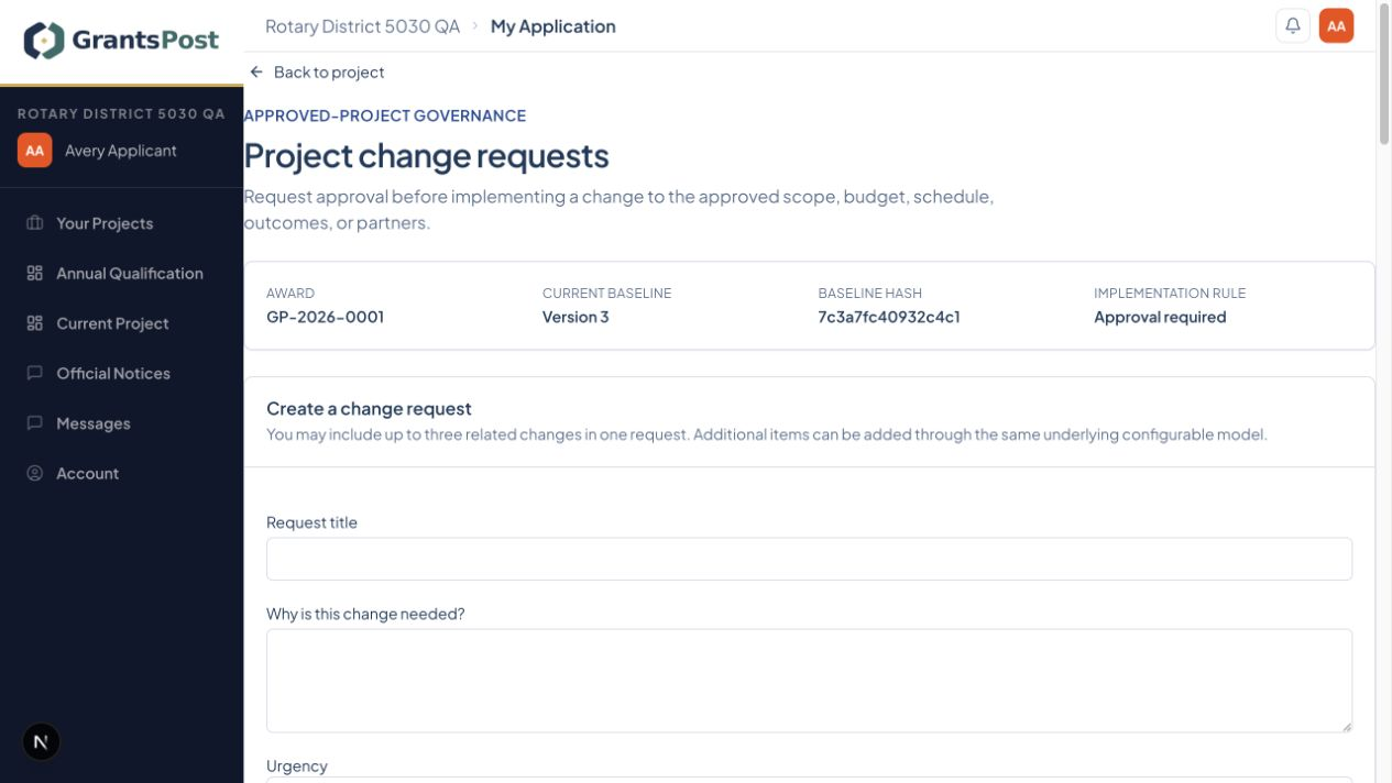 GrantsPost screen for Request a project change