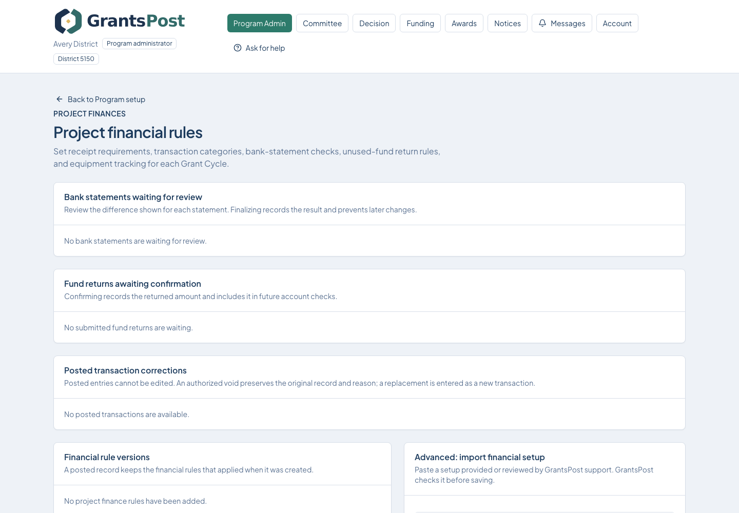 GrantsPost screen for Review financial controls