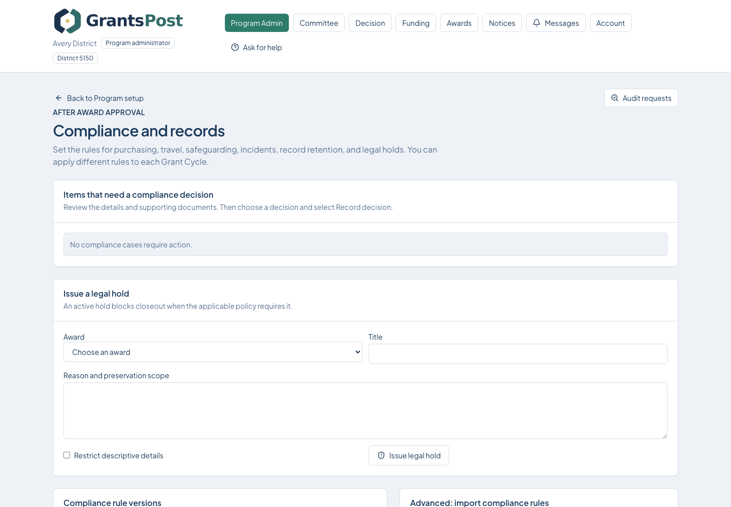 GrantsPost screen for Manage compliance