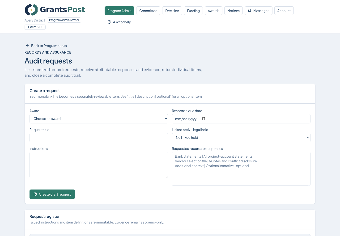 GrantsPost screen for Issue and review audit requests