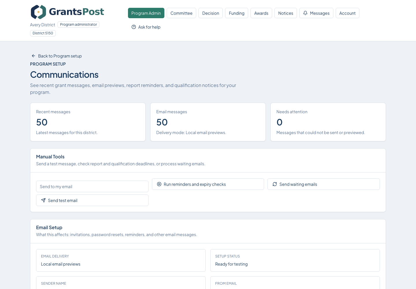 GrantsPost screen for Monitor communications