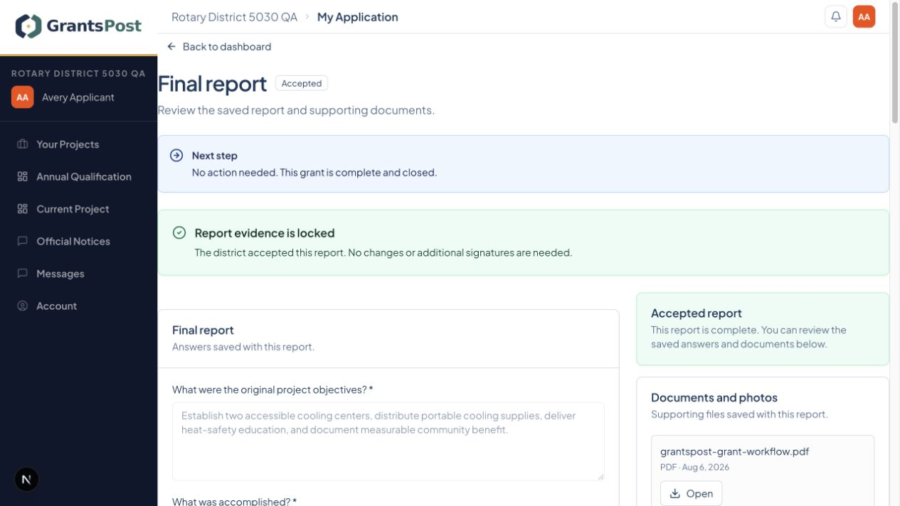 GrantsPost screen for Complete and review the final report